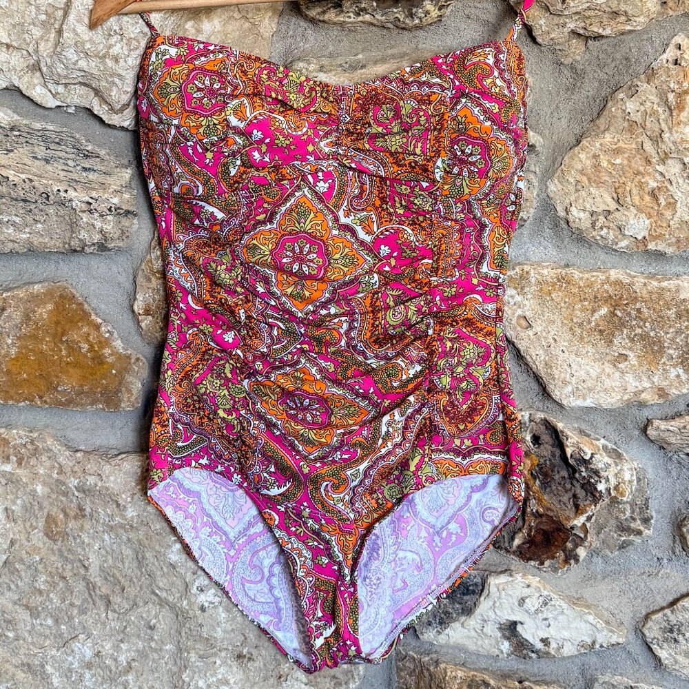 Women's Bandeau One Piece Swimsuit with Vibrant Orange Pink Mandala Design, sz S